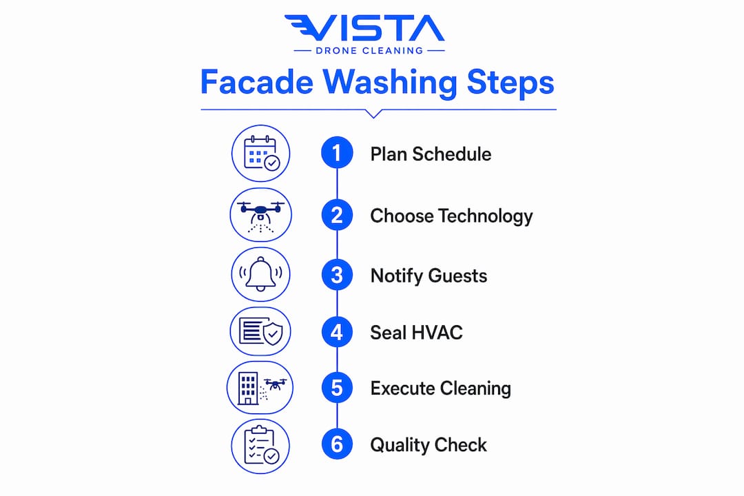Infographic outlining non-disruptive facade washing steps