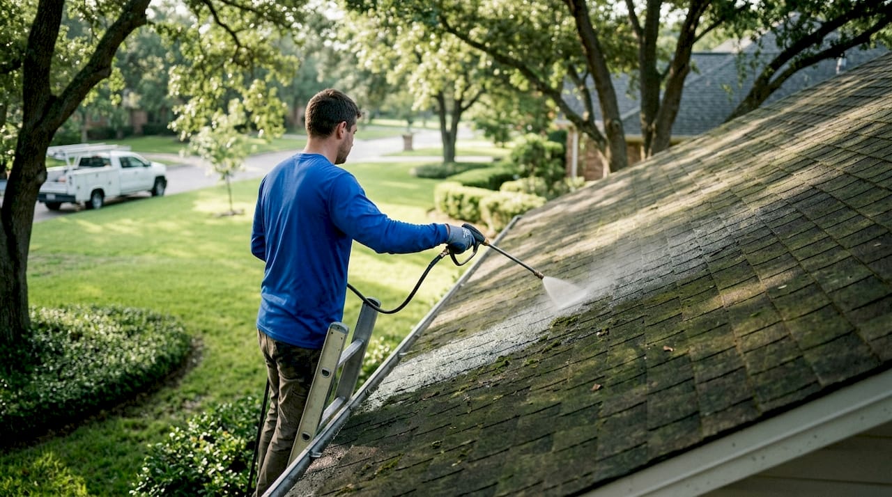 Close-up of soft-wash chemical spraying roof shingles