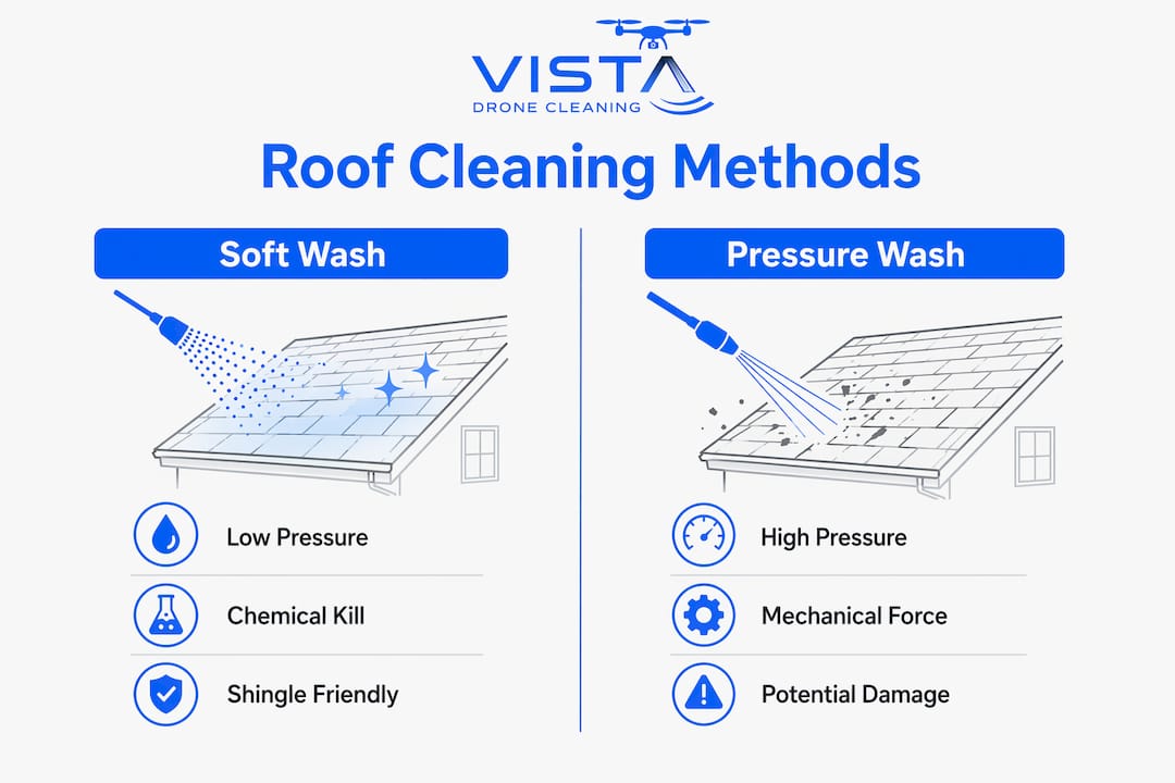 Infographic comparing soft wash and pressure wash methods