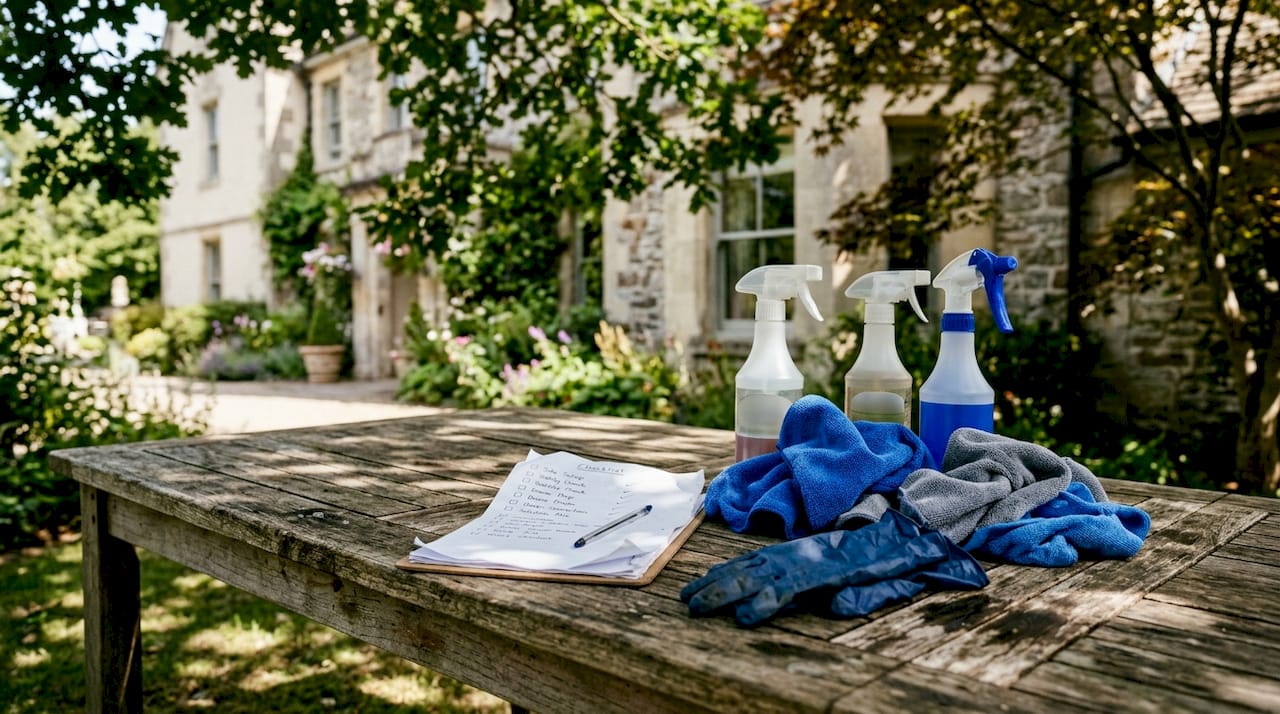 Facade cleaning tools and checklists on bench