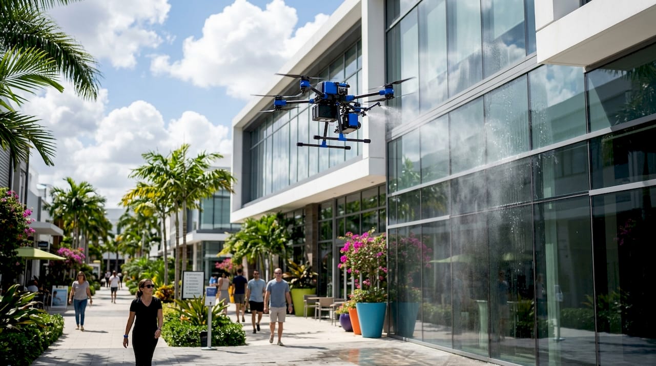 Drone cleaning commercial building facade