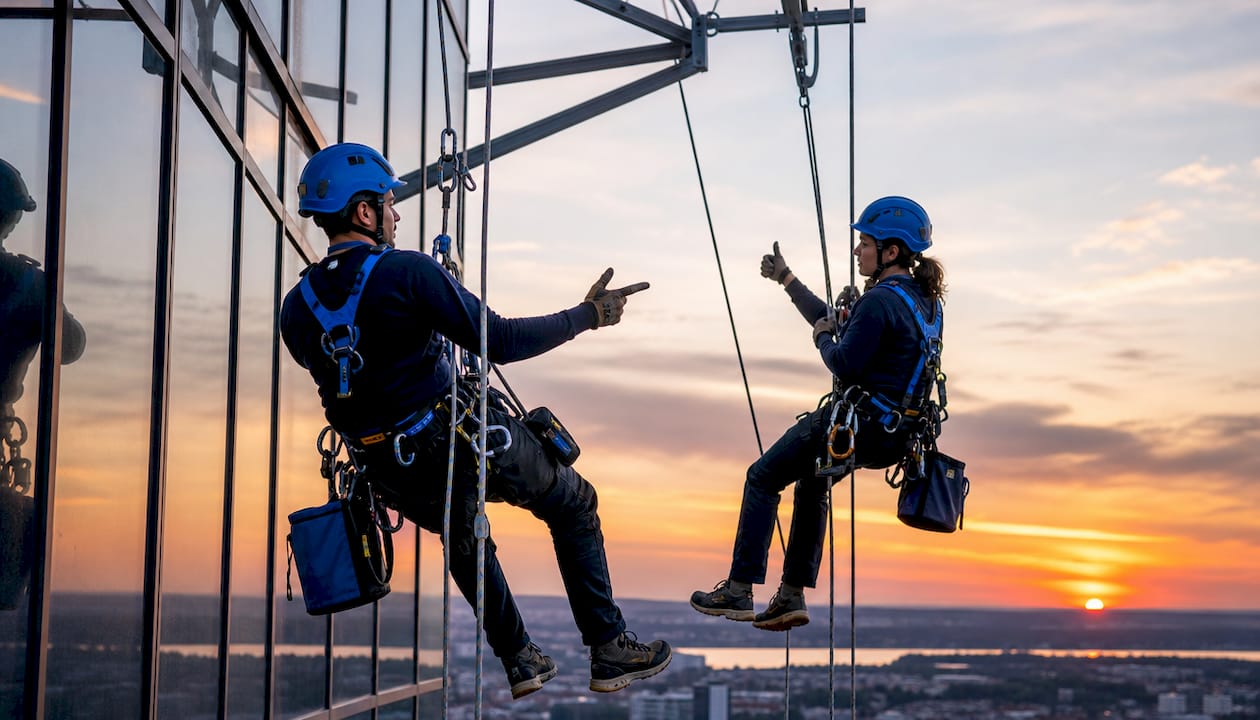 Pair performing high-rise rope access cleaning