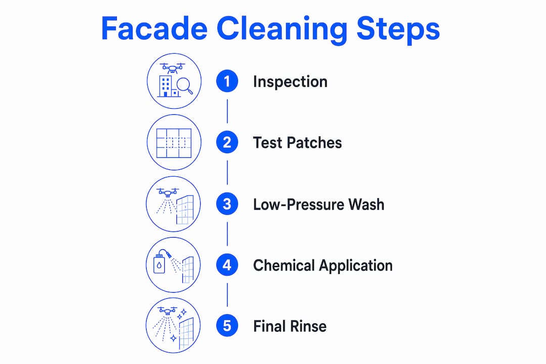 Infographic illustrating facade restoration cleaning steps