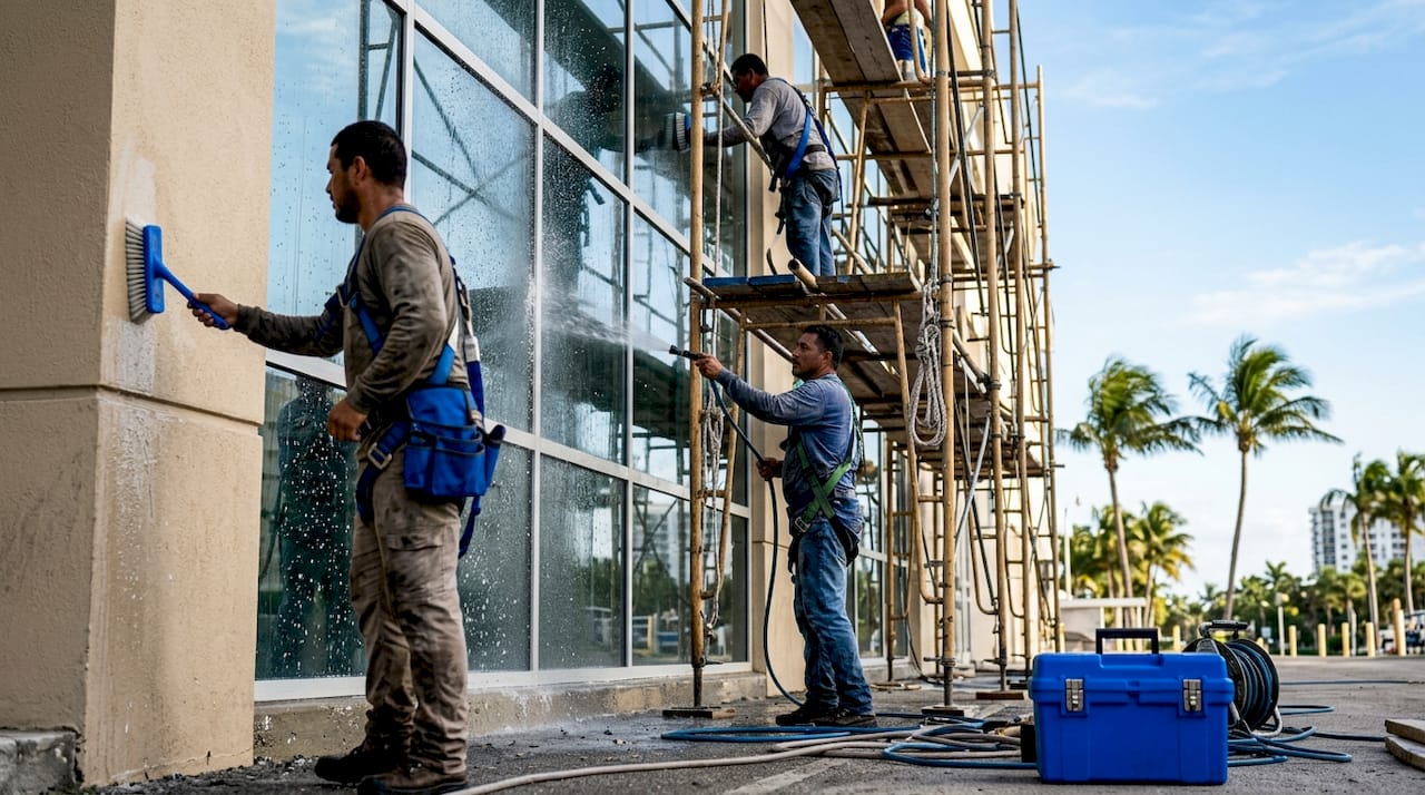 Scaffold cleaning on high-rise commercial facade