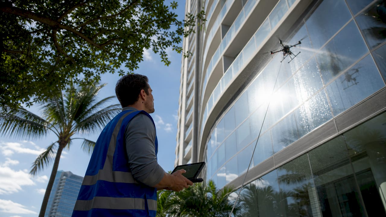 Drone Cleaning for New High-Rise Construction in Miami Drone Cleaning for New High-Rise Construction in Miami