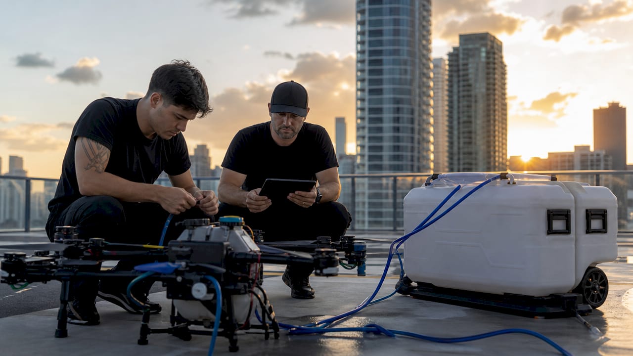 Two-person crew setting up drone cleaning equipment