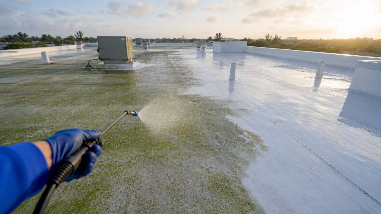 Technician soft washing algae on commercial roof surface