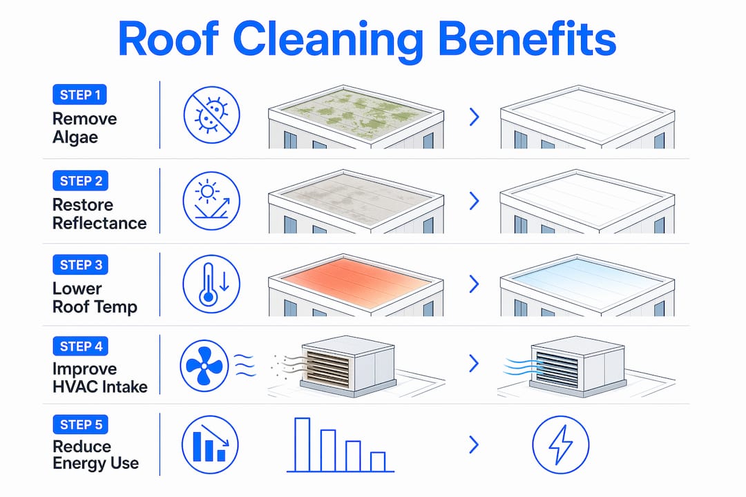 Infographic illustrating five steps of roof cleaning benefits on HVAC efficiency
