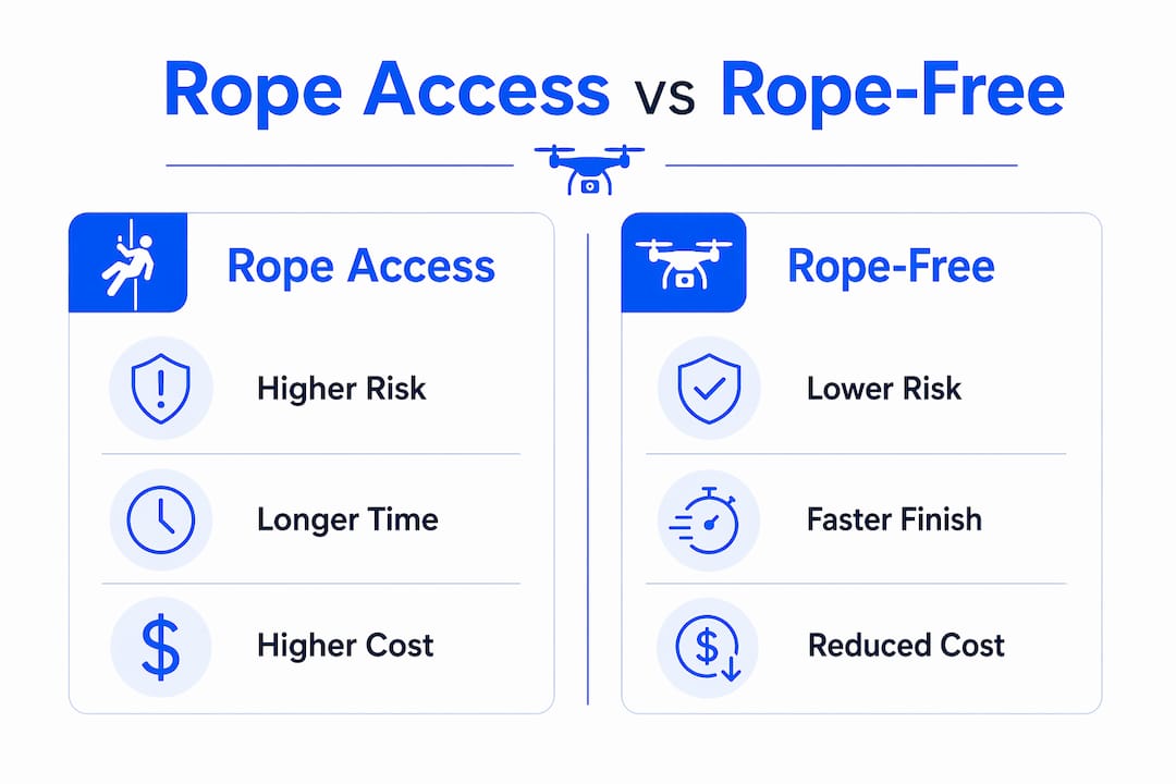 Infographic comparing rope access and rope-free window cleaning methods