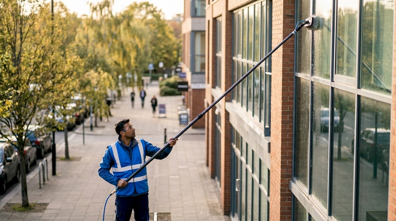 Technician washing windows with water-fed pole