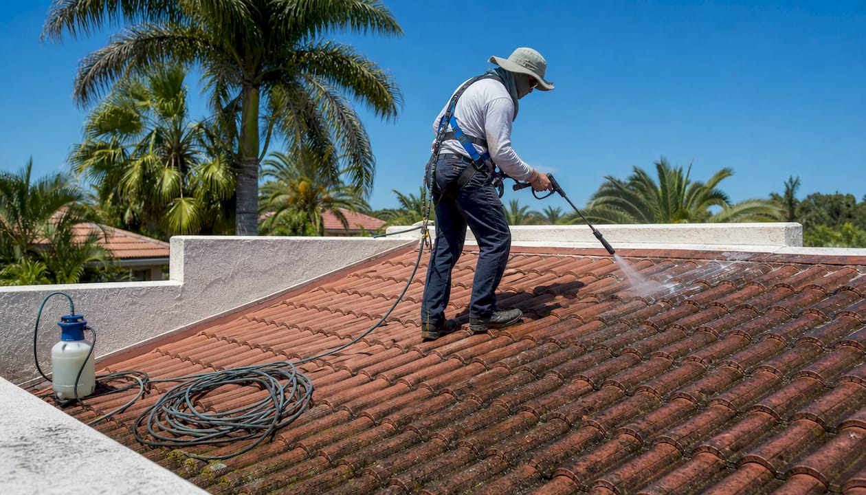 Worker soft-washing red barrel tile roof