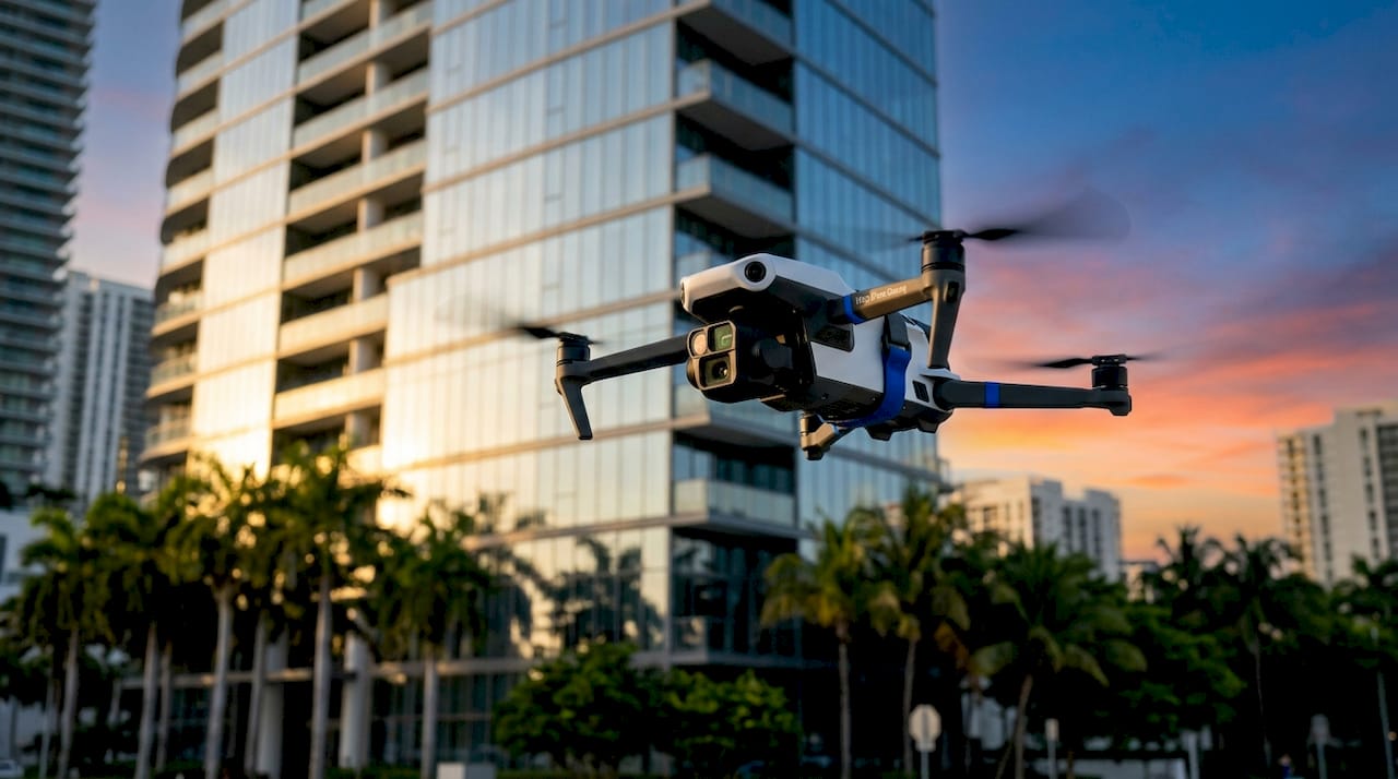 Drone with thermal sensors inspecting Miami high-rise at sunset