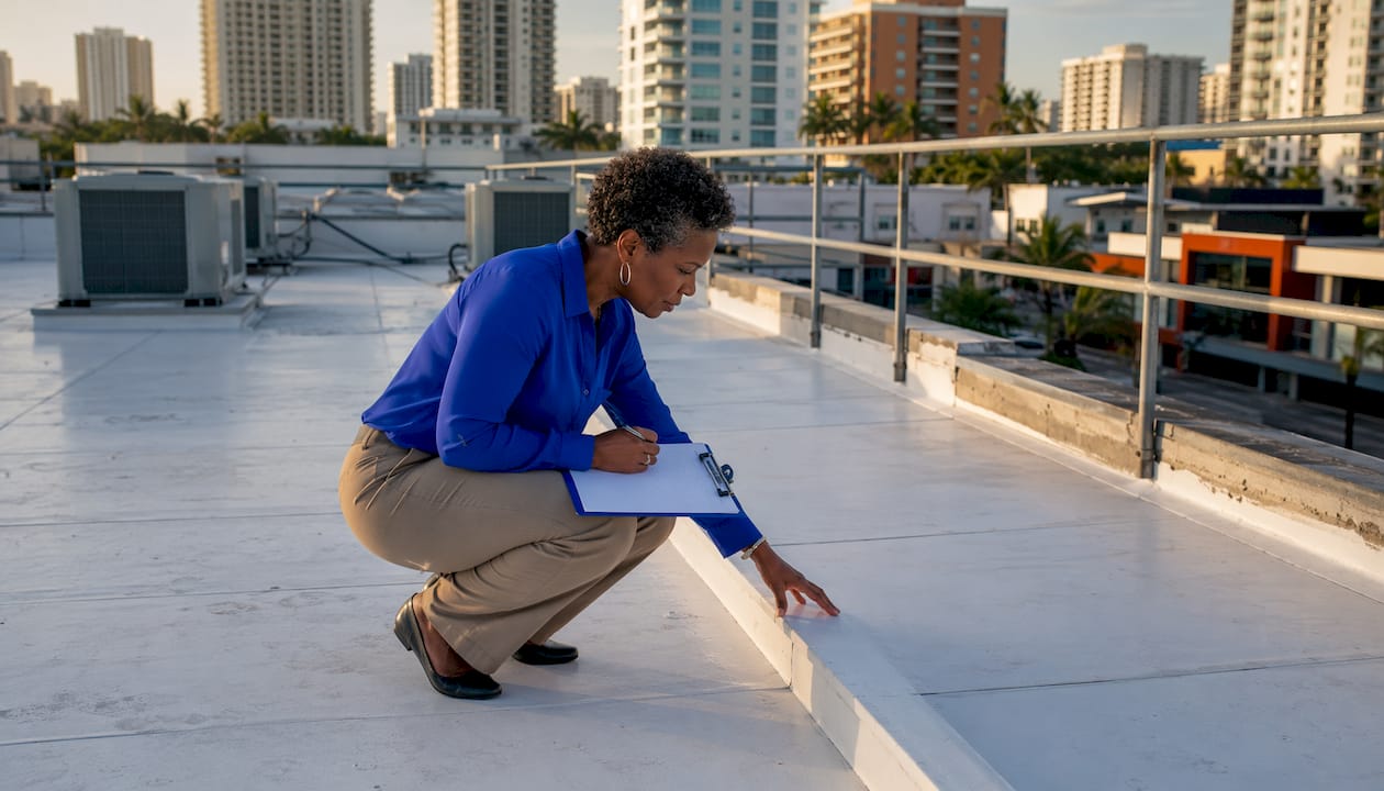 Property manager inspecting cleaned commercial roof