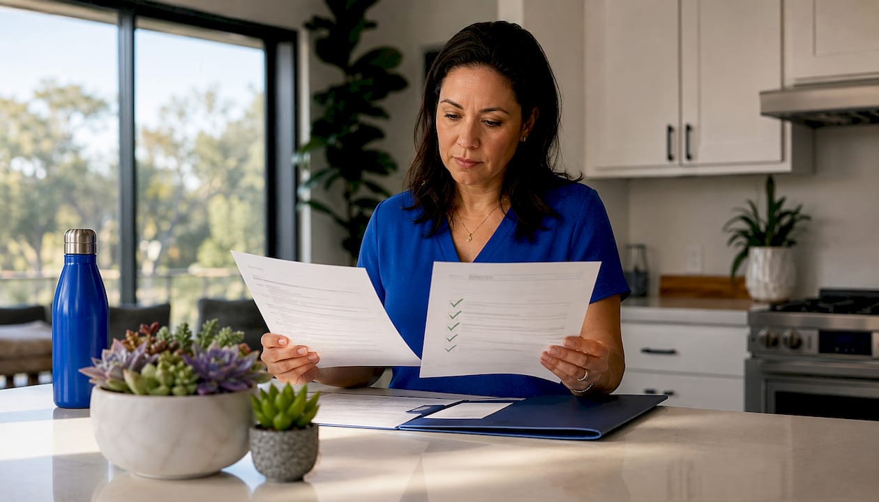 Female owner reviewing safety certification