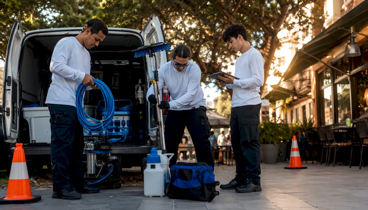 Window cleaning team preparing equipment outdoors