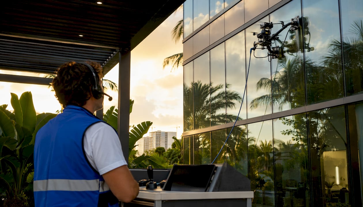 Industrial drone cleaning windows of a tall building
