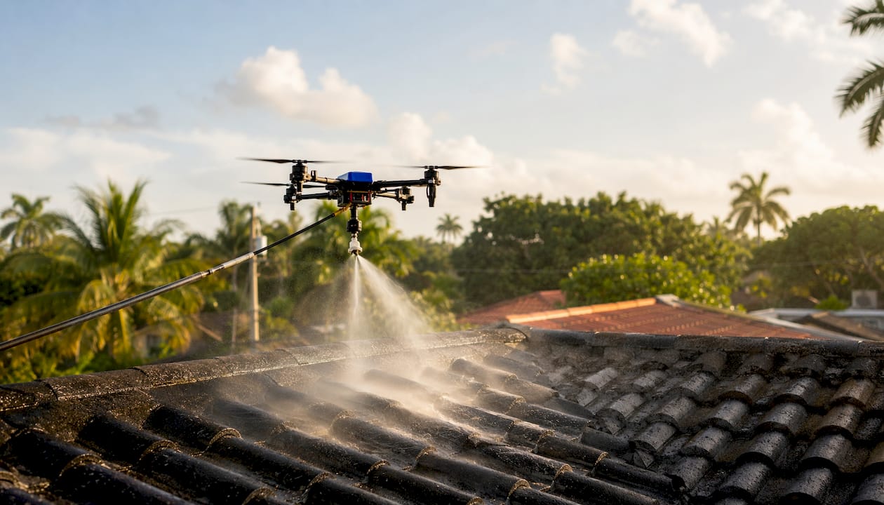 Tethered drone performing soft wash roof cleaning