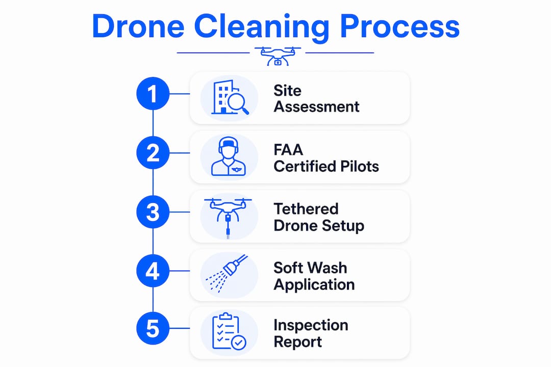 Infographic showing drone roof cleaning steps