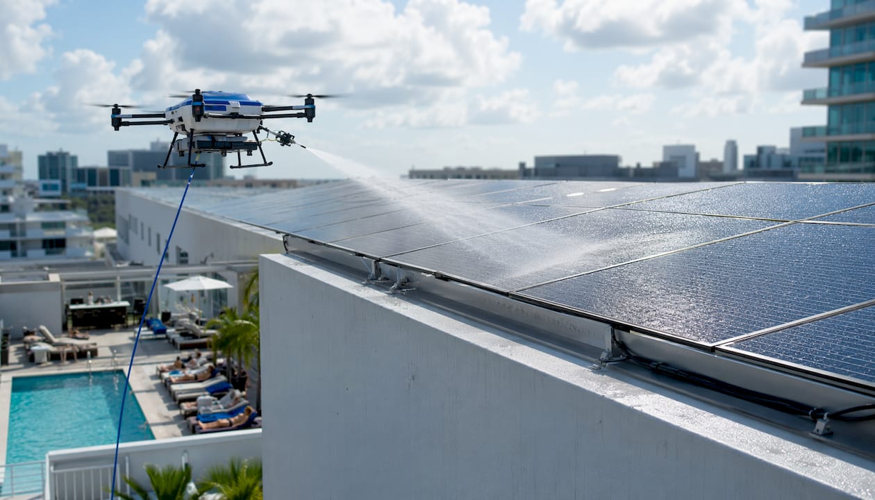 Tethered drone cleaning solar panels on high-rise roof