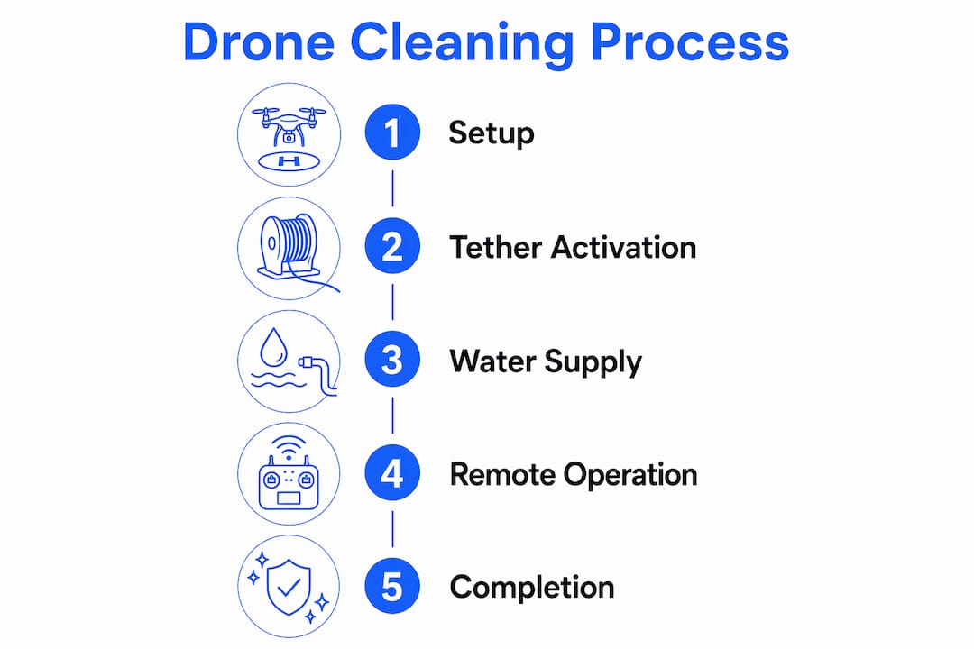 Infographic illustrating drone solar panel cleaning steps