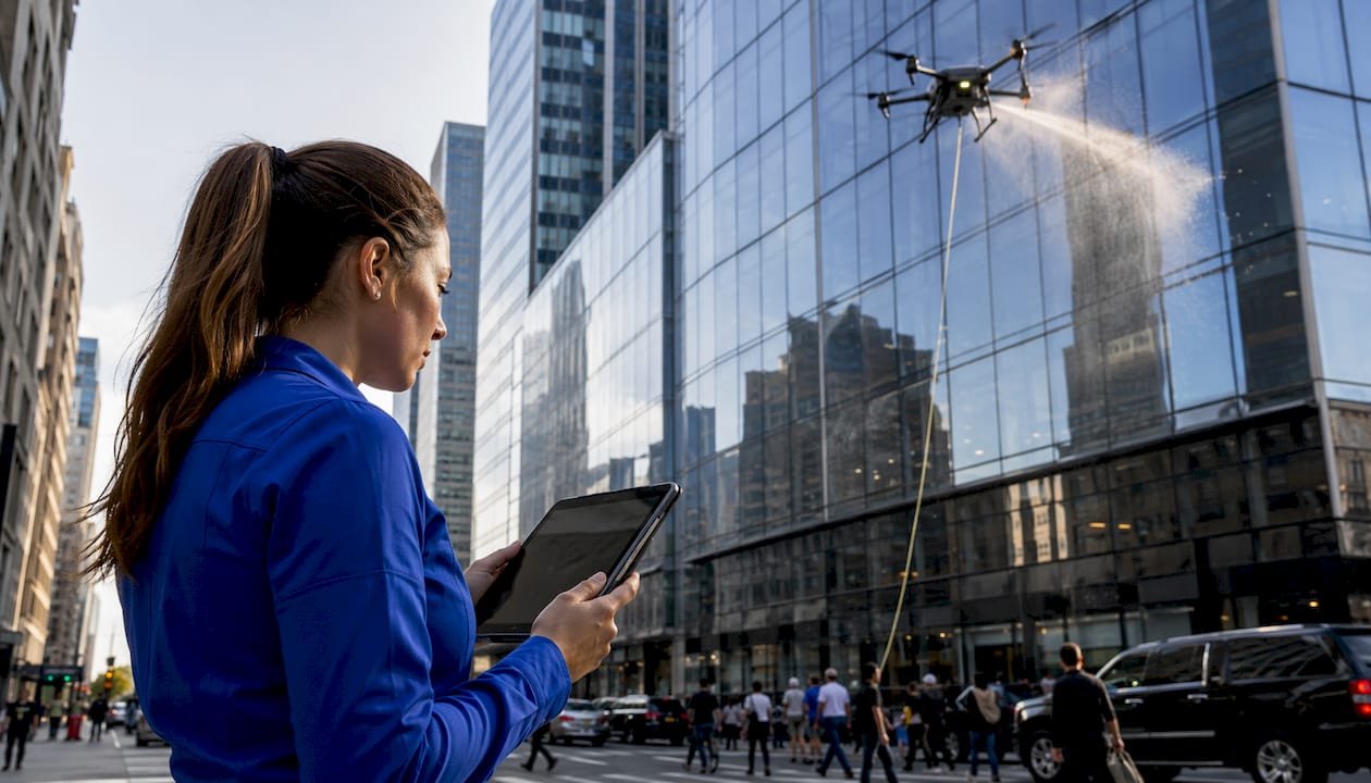 Female technician operating tethered cleaning drone