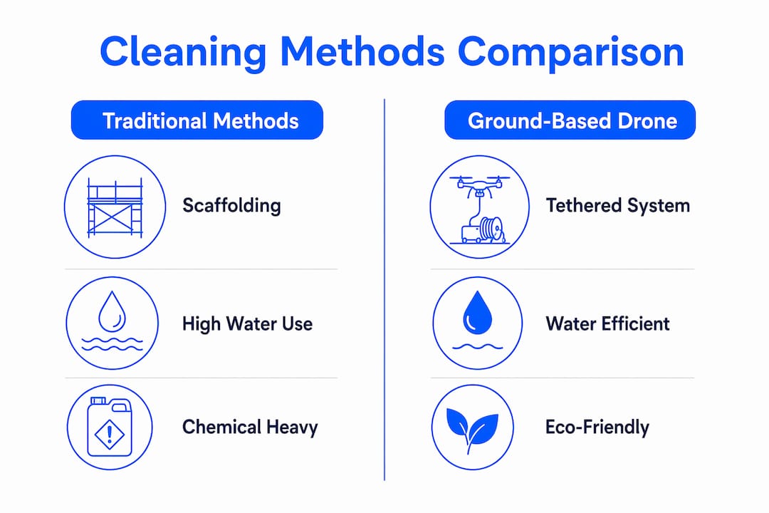 Infographic comparing traditional and ground-based drone cleaning
