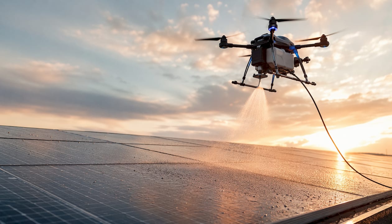 Drone spraying pure de-ionized water on solar panels