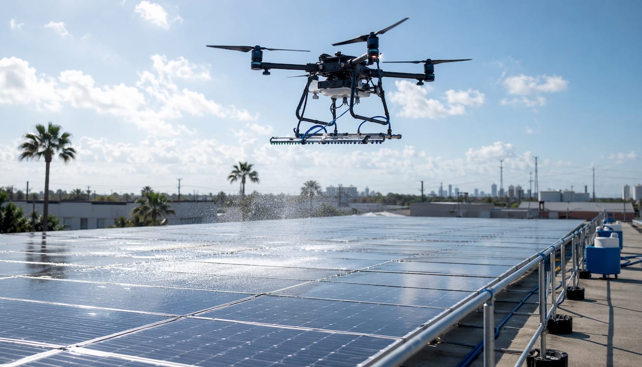 Drone cleaning solar panels on rooftop