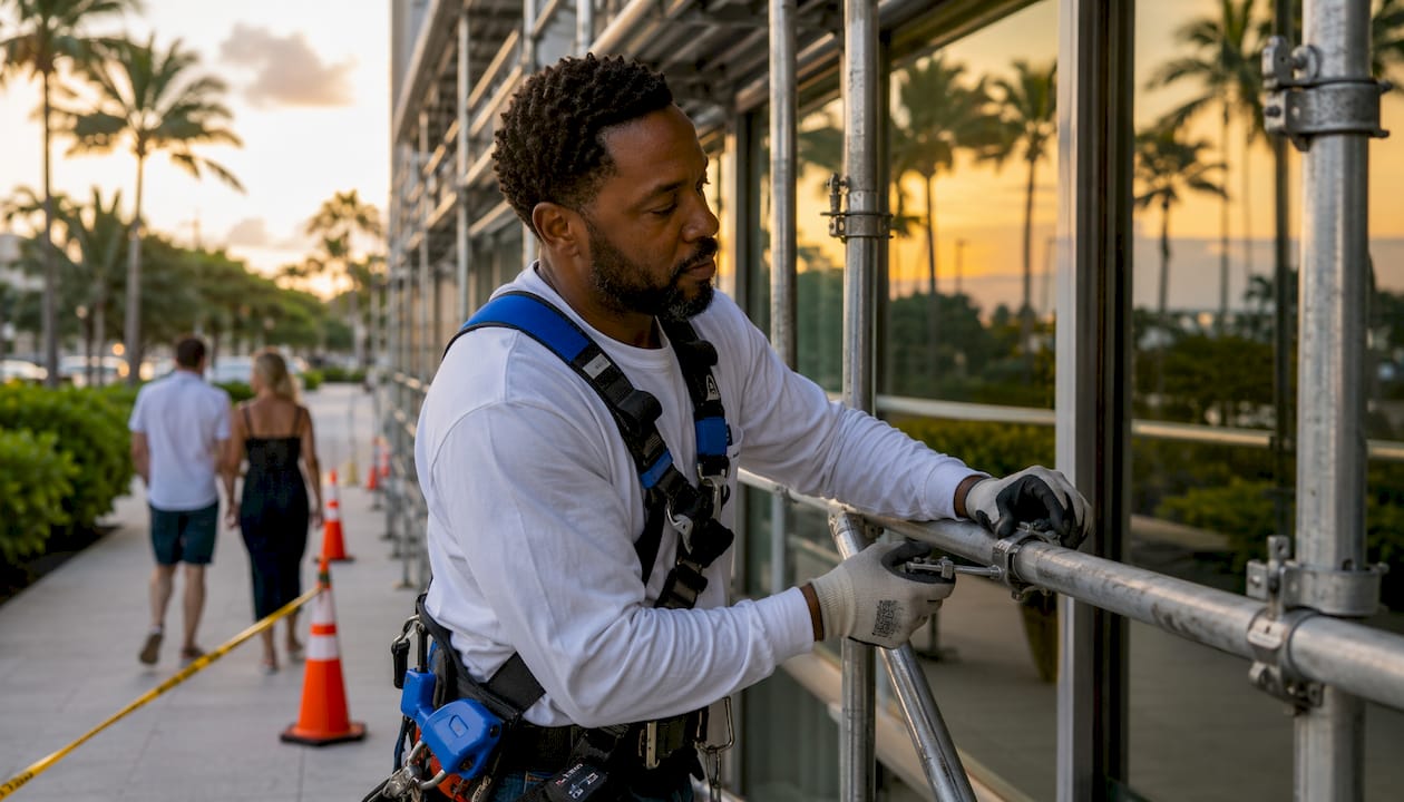 Hotel exterior scaffold cleaning with safety measures