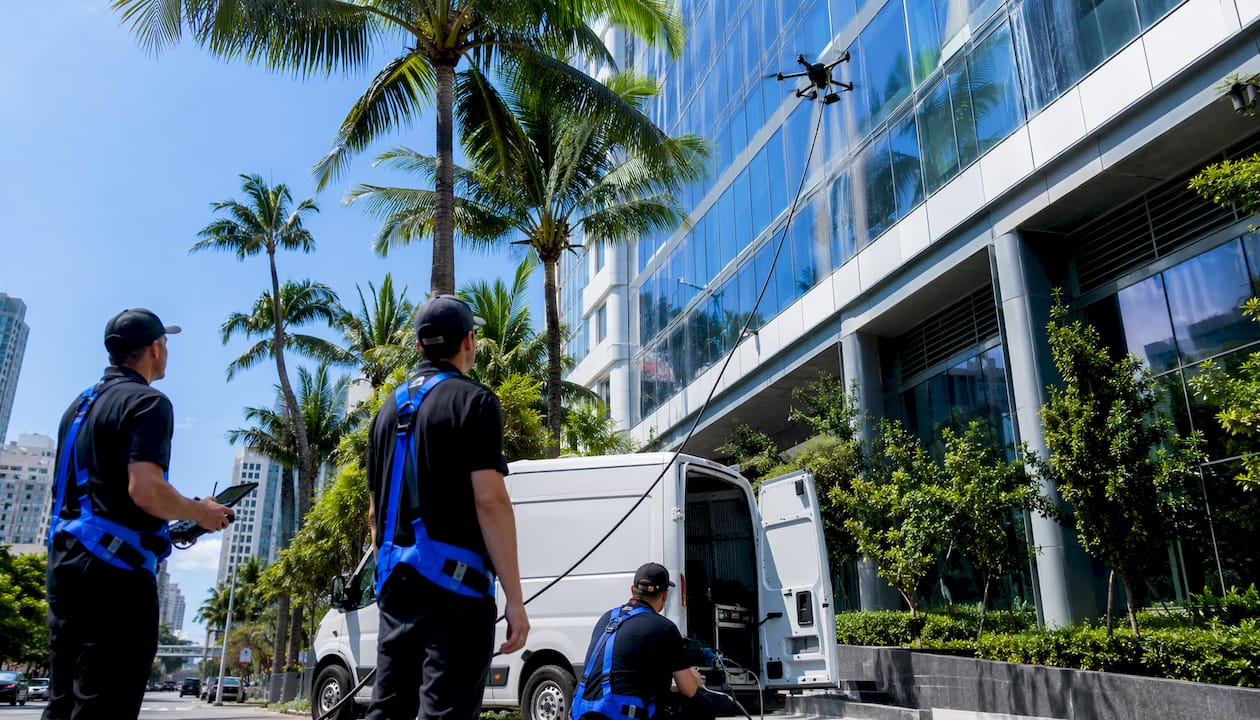 Tethered drone cleaning high-rise façade in South Florida