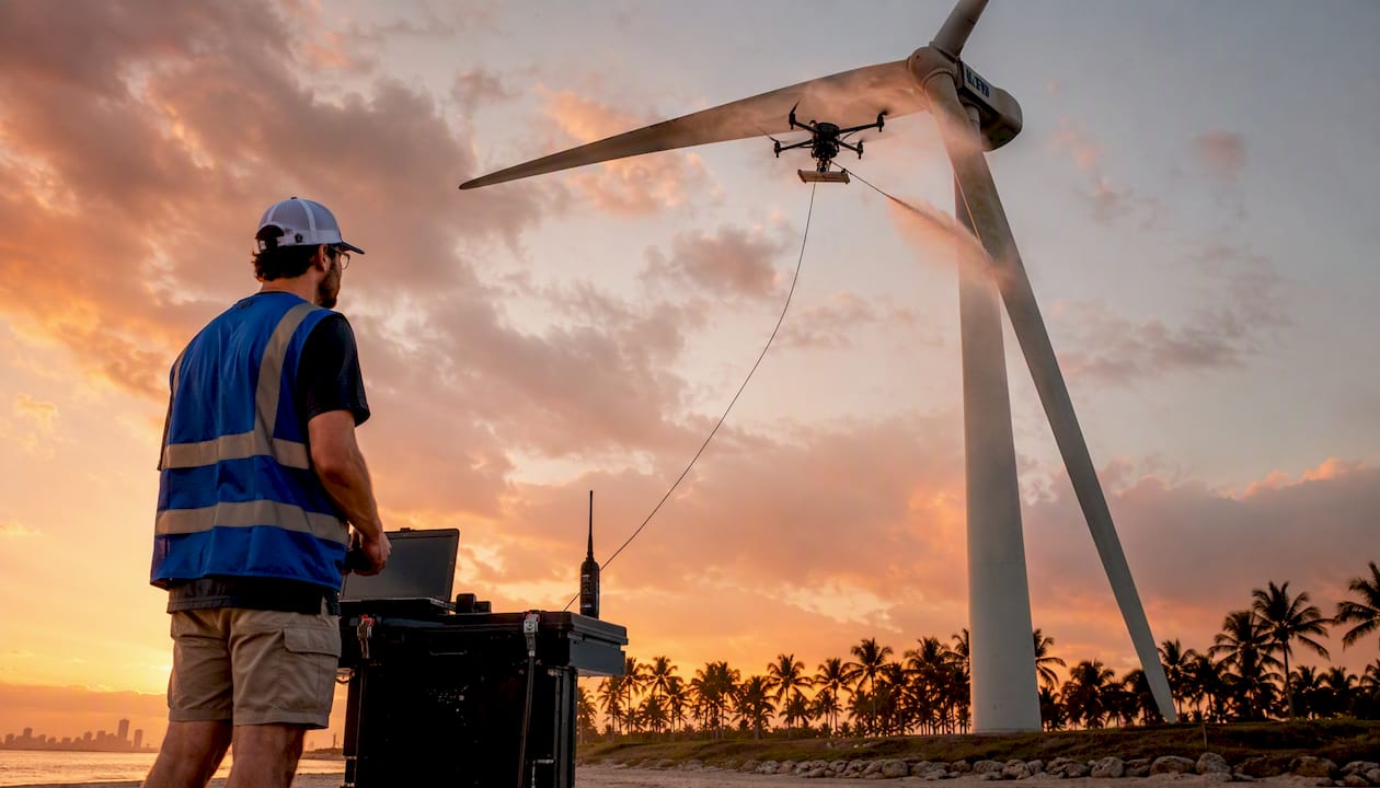 Tethered drone cleaning wind turbine blade in South Florida