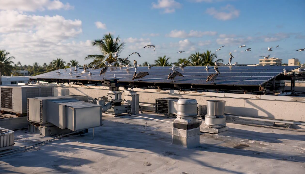 Birds perched on rooftop HVAC above solar panels