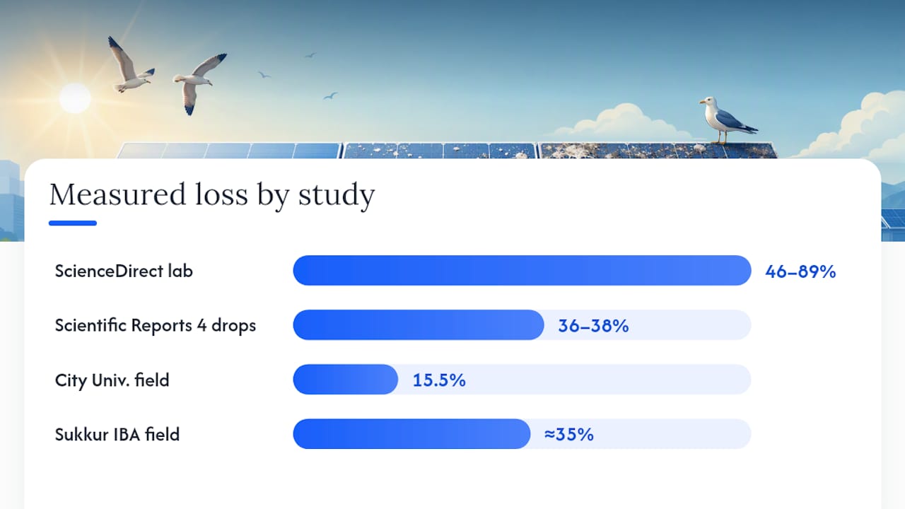 Comparison chart of bird dropping losses on solar panels