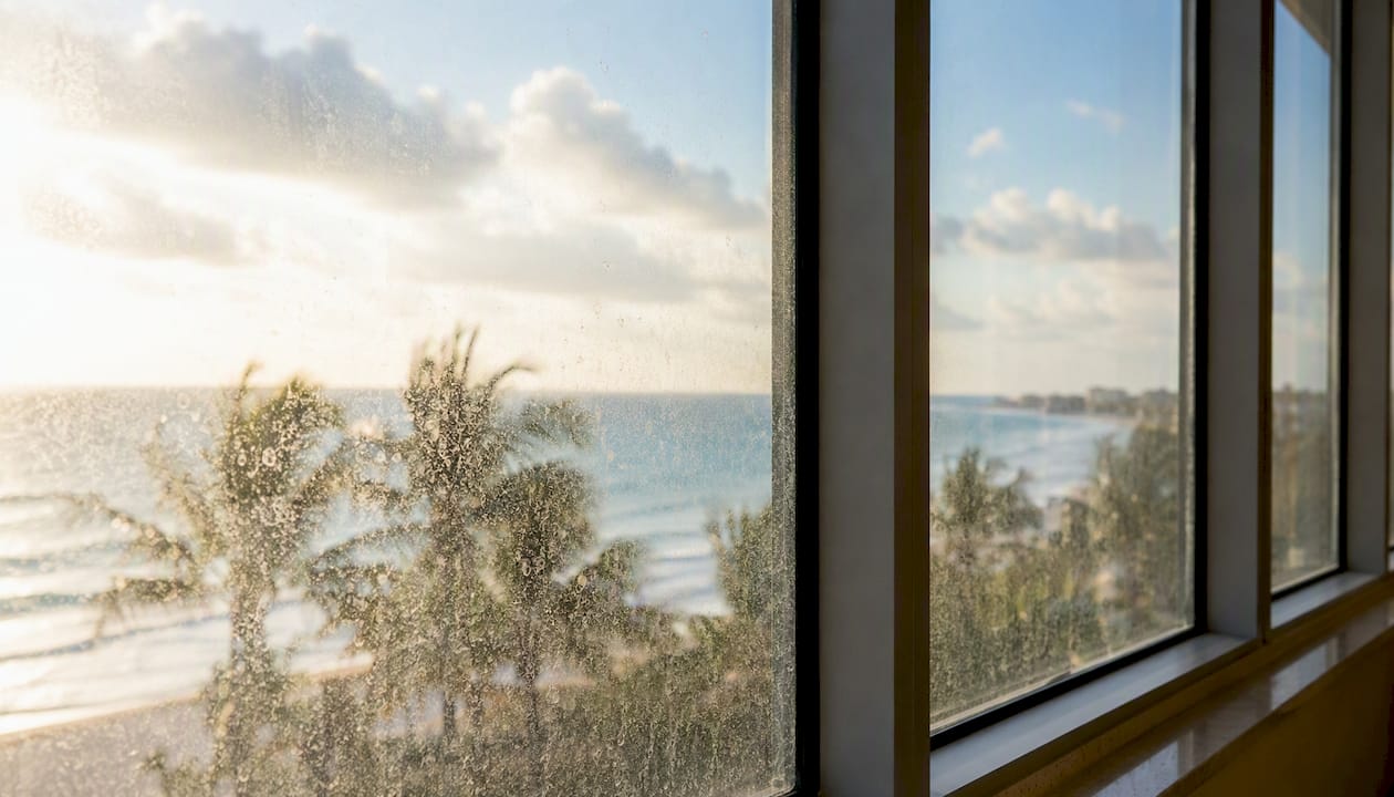 Salt crystal residue on hotel window glass