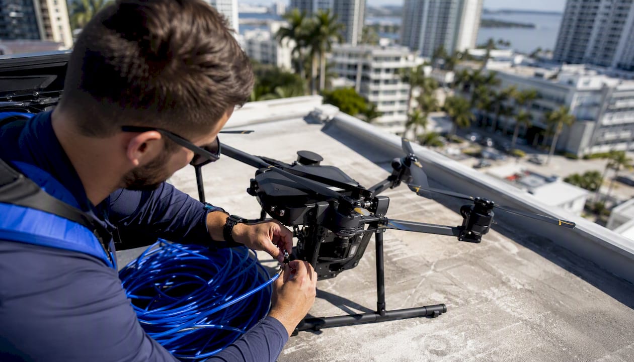 Drone operator checking drone equipment on rooftop