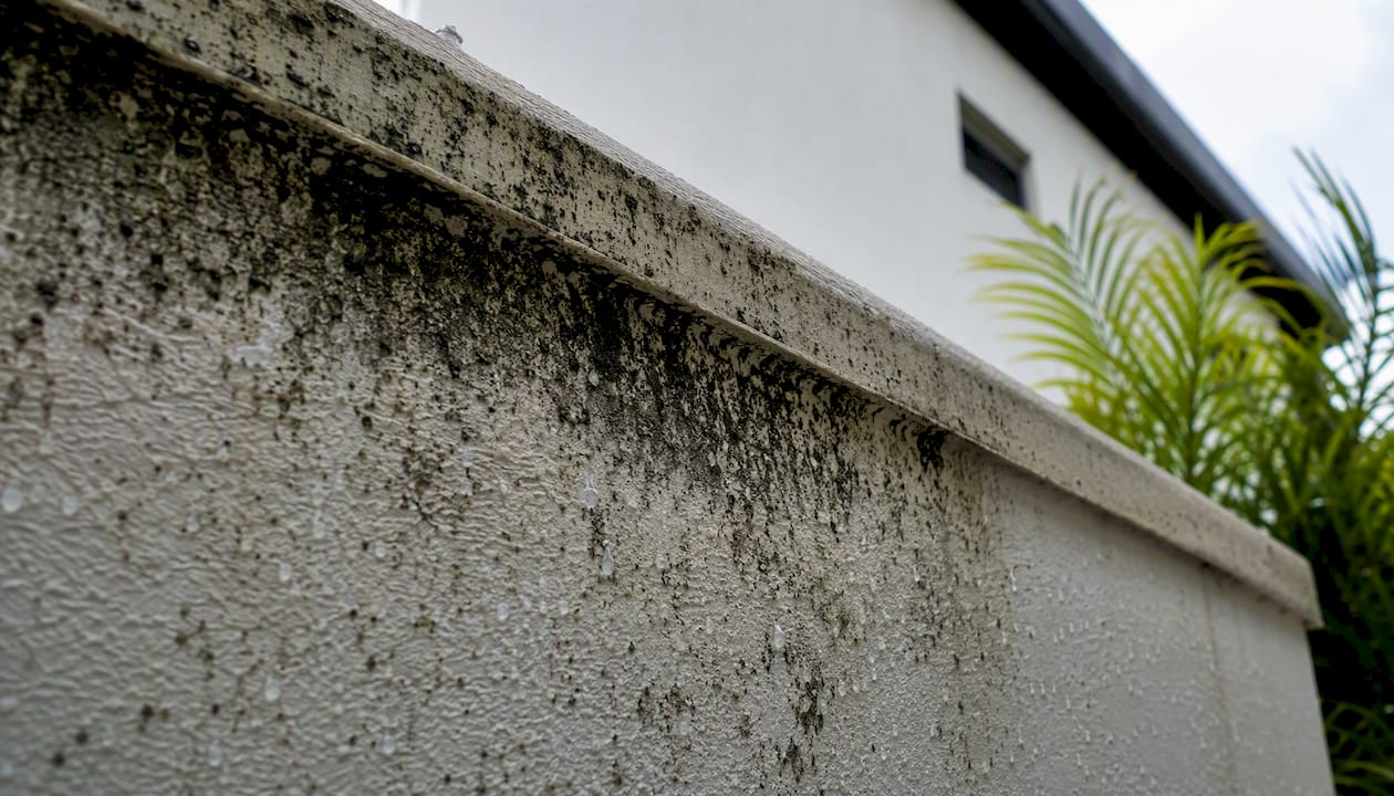 Close-up of mold and mildew on stucco wall