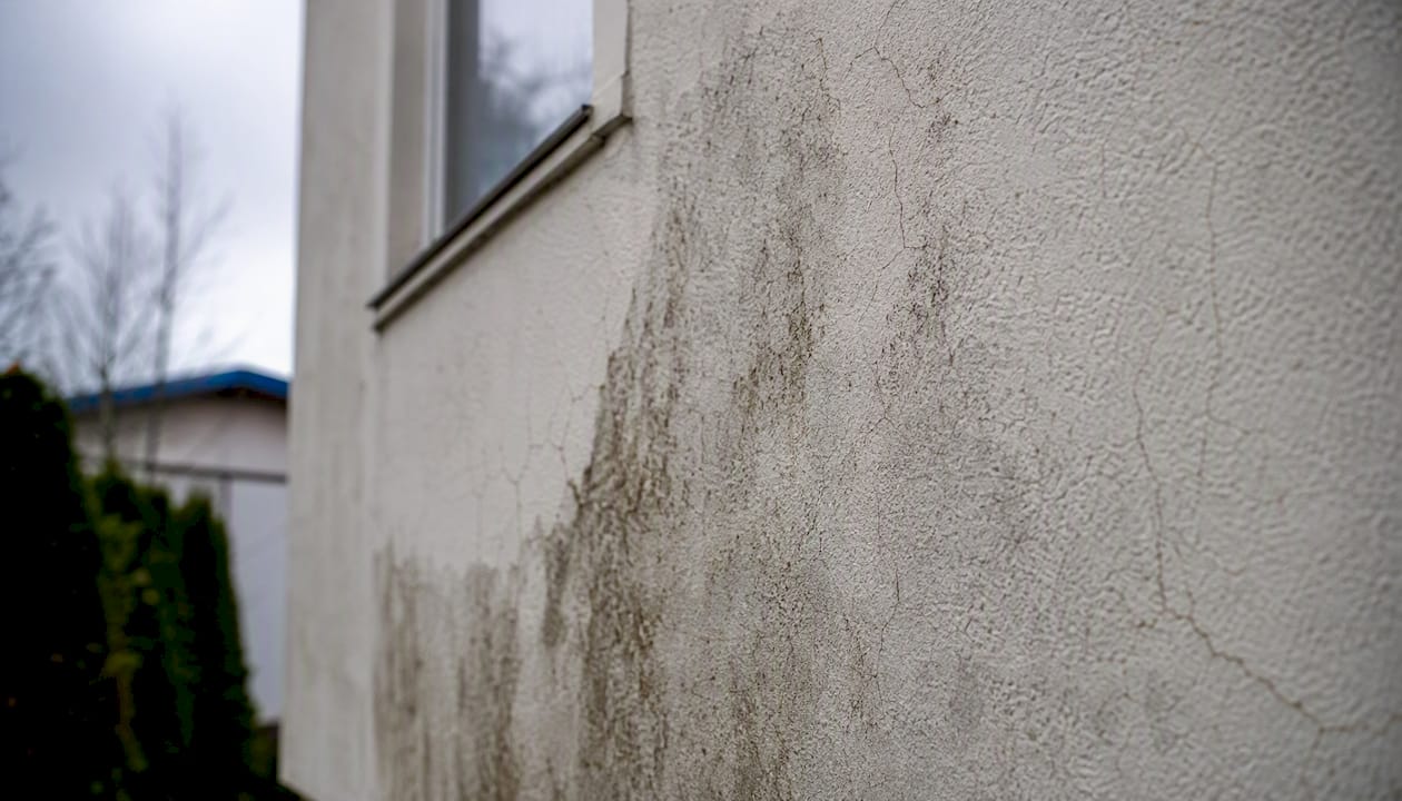 Stucco facade with damage from improper cleaning
