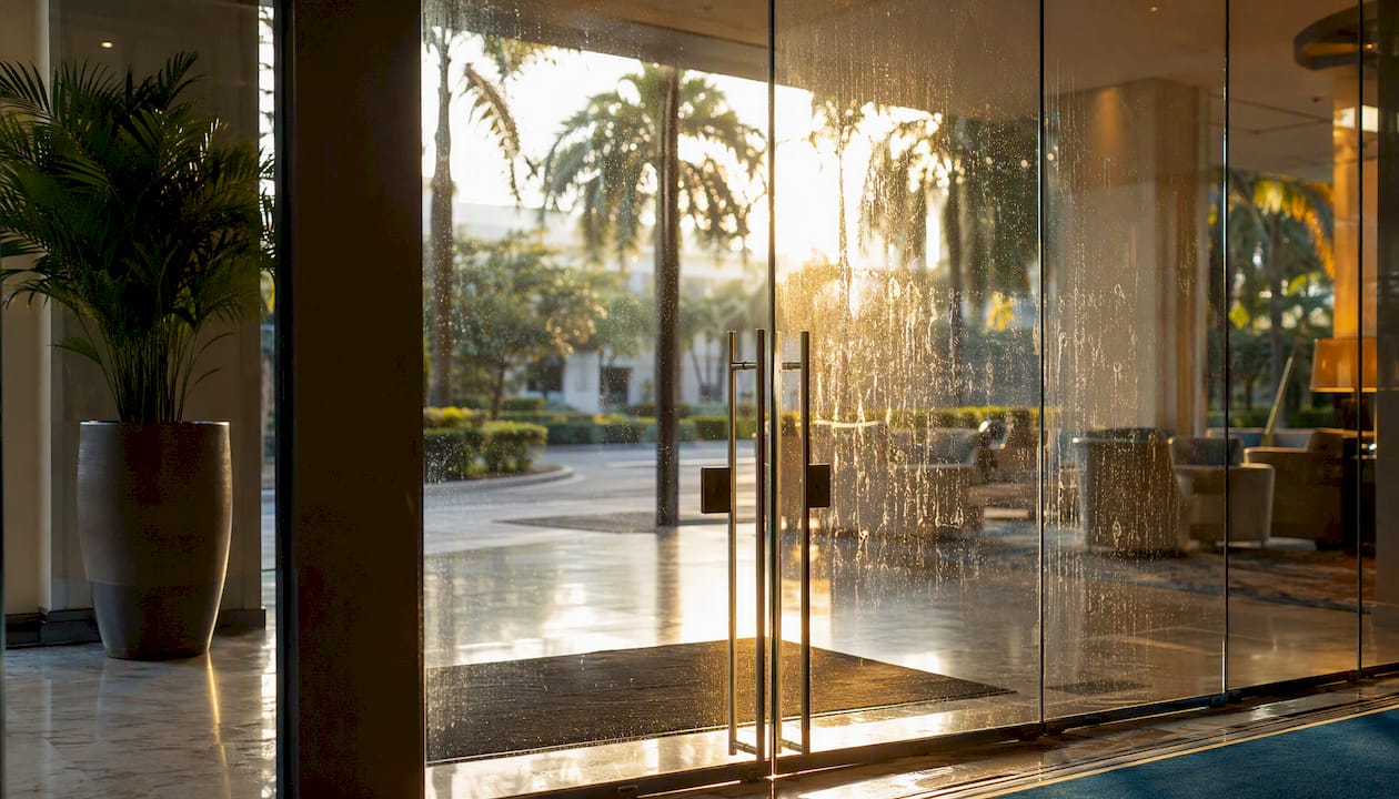 Streaked hotel lobby glass door close-up