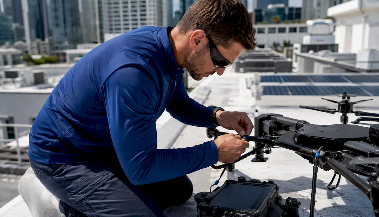 Pilot preparing tethered industrial drone on rooftop