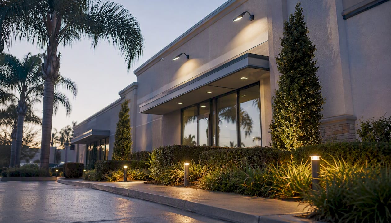Retail storefront with fresh landscaping and lighting