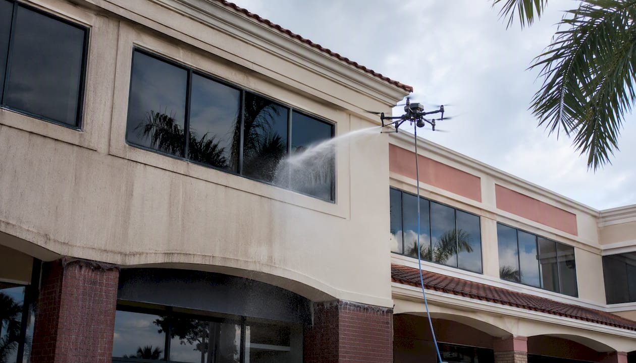 Industrial drone cleaning stained retail facade
