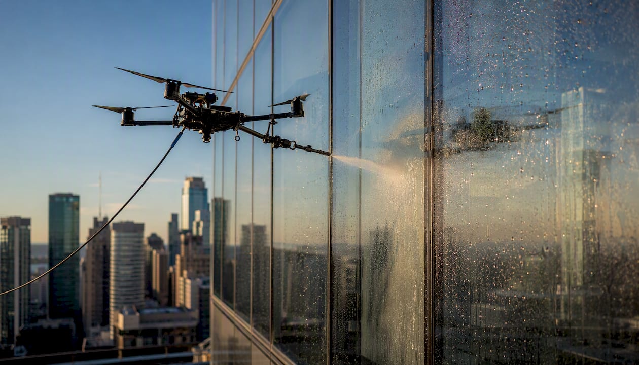 Close-up of tethered drone nozzle cleaning window