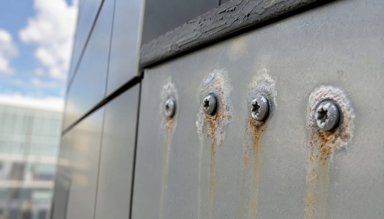Close-up of corrosion around metal fasteners