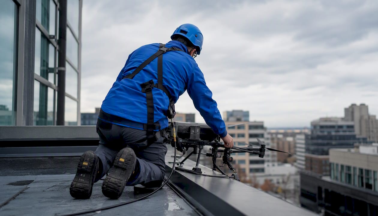Drone operator prepping cleaning equipment on rooftop