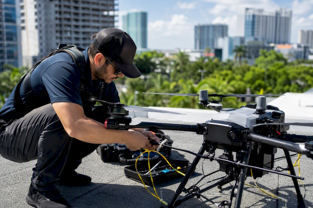 Drone operator prepping tether on rooftop