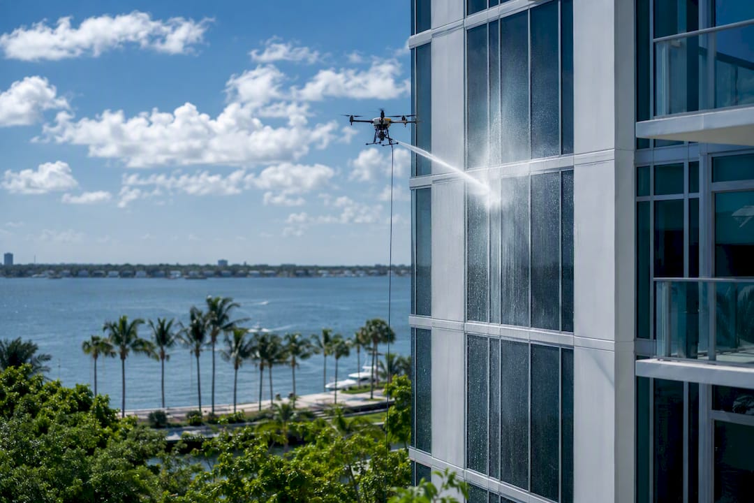 Tethered drone spraying water on building facade
