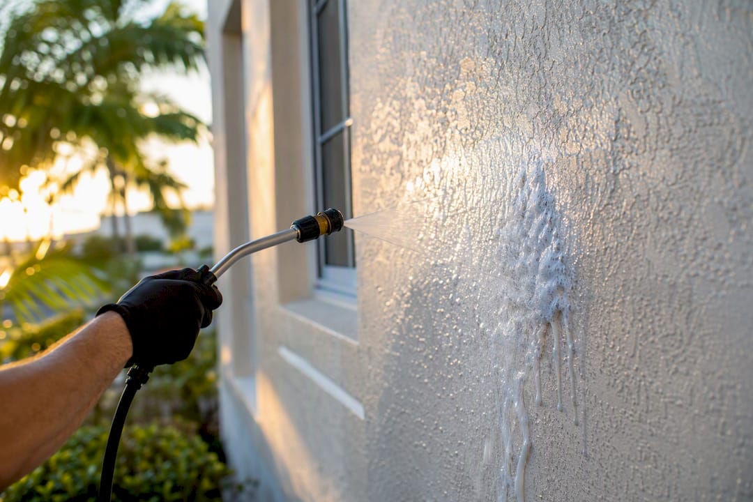 Soft wash spray wand applying biodegradable cleaner