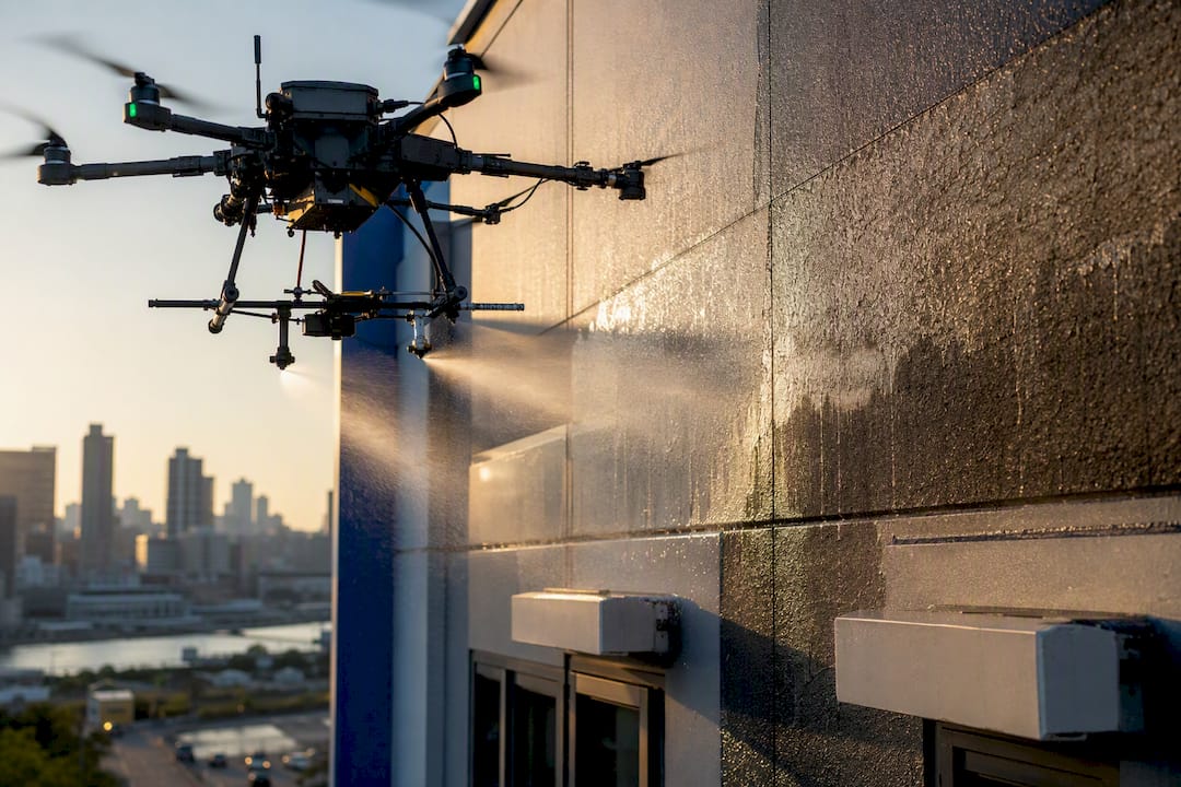 Industrial drone spraying biodegradable cleaner on building facade