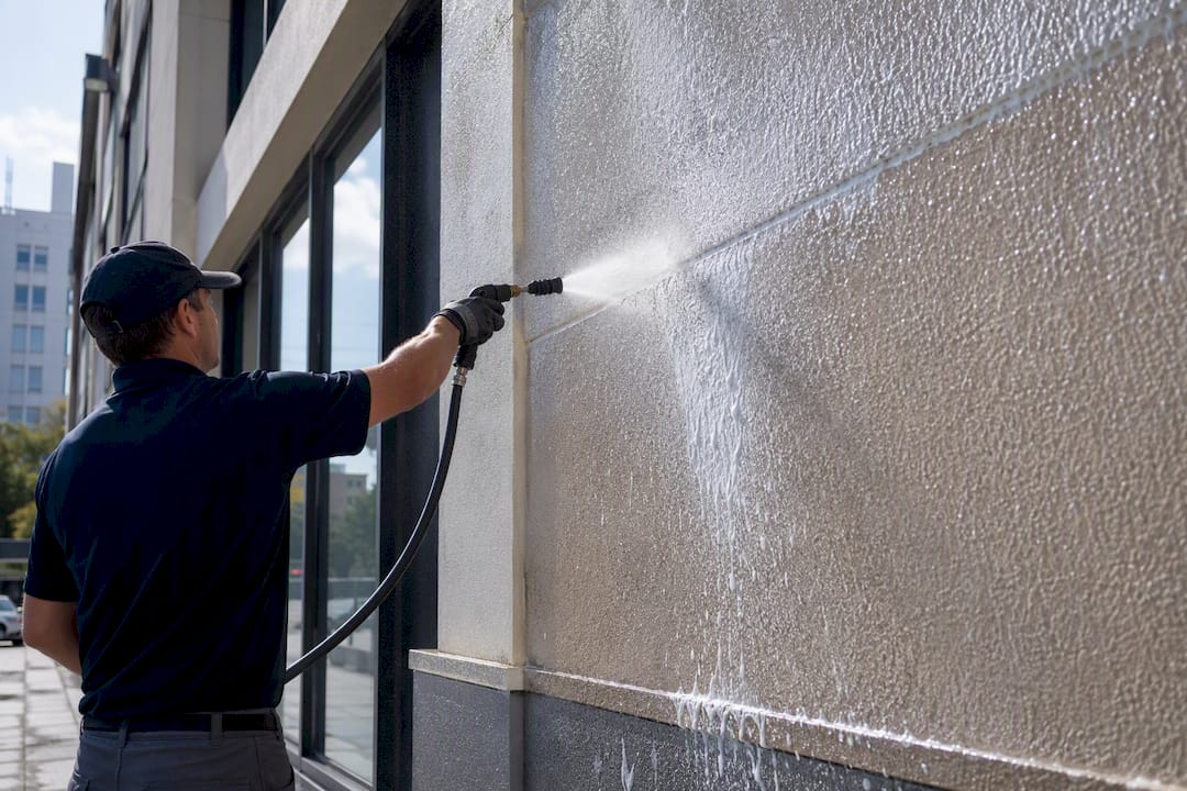 Soft wash cleaning on EIFS building surface