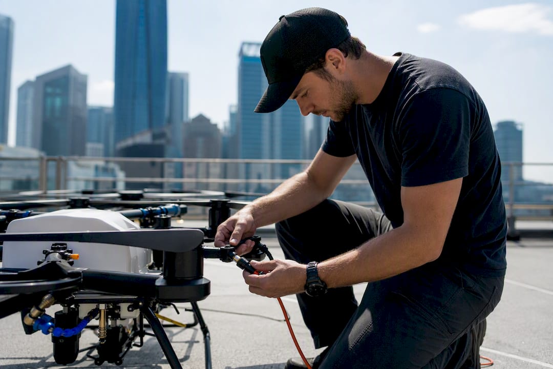 Drone pilot connecting tether cable on rooftop